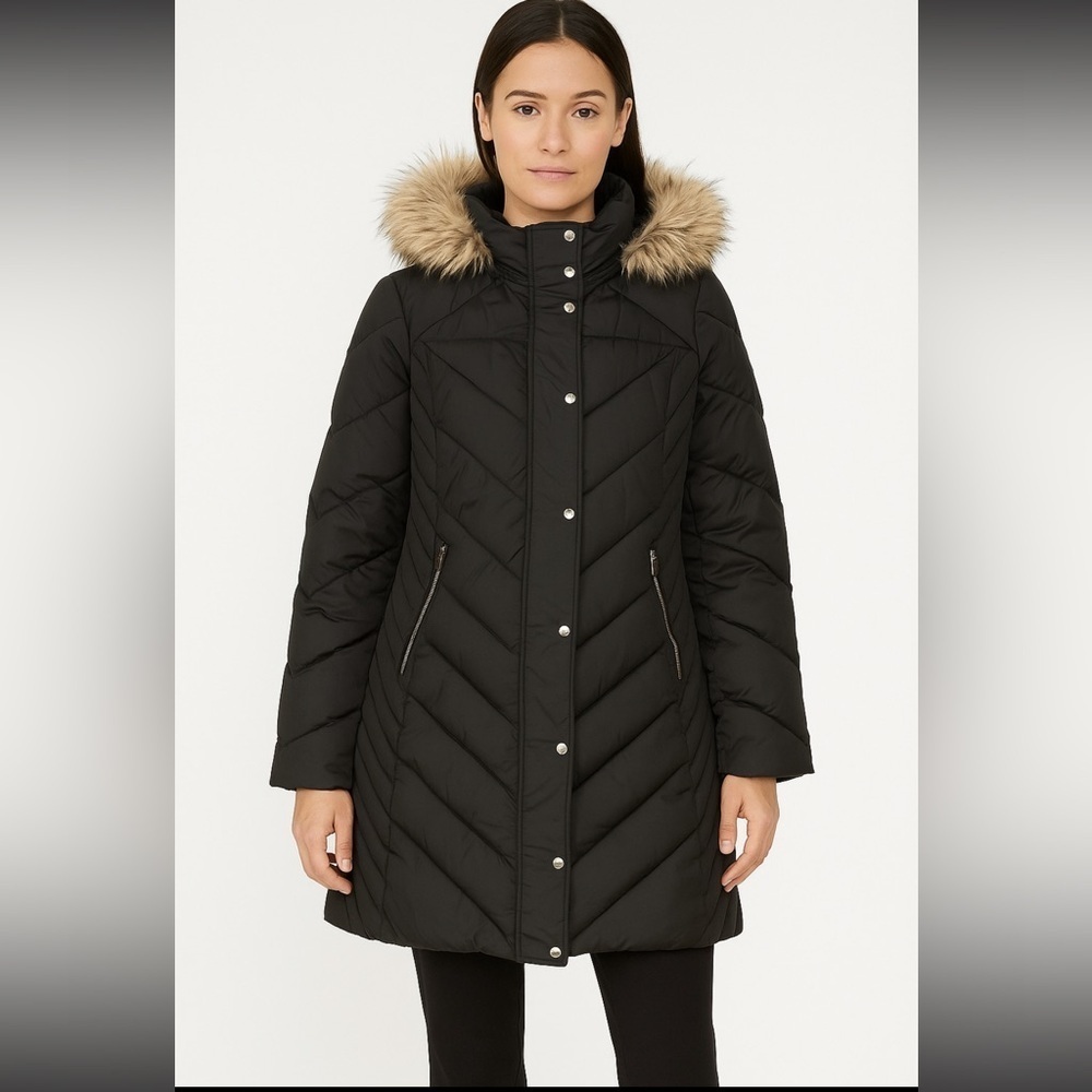 LONDON FOG 3X Black ZIP-FRONT LONG LENGTH‎ PUFFER JACKET ZIP-OFF FUR TRIM HOOD